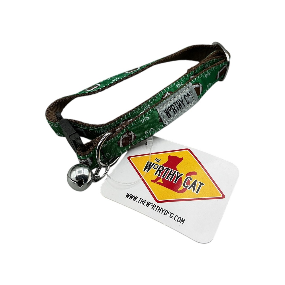 The Worthy Cat Green Football Field Pattern Cat Collar with Bell Size 10 Inch